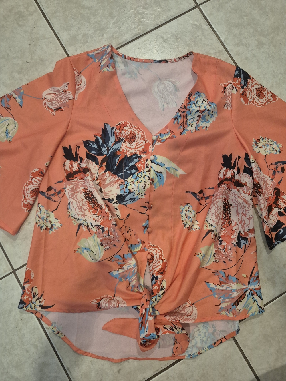 Source Unknown Coral Floral V-Neck Tie-Front Blouse